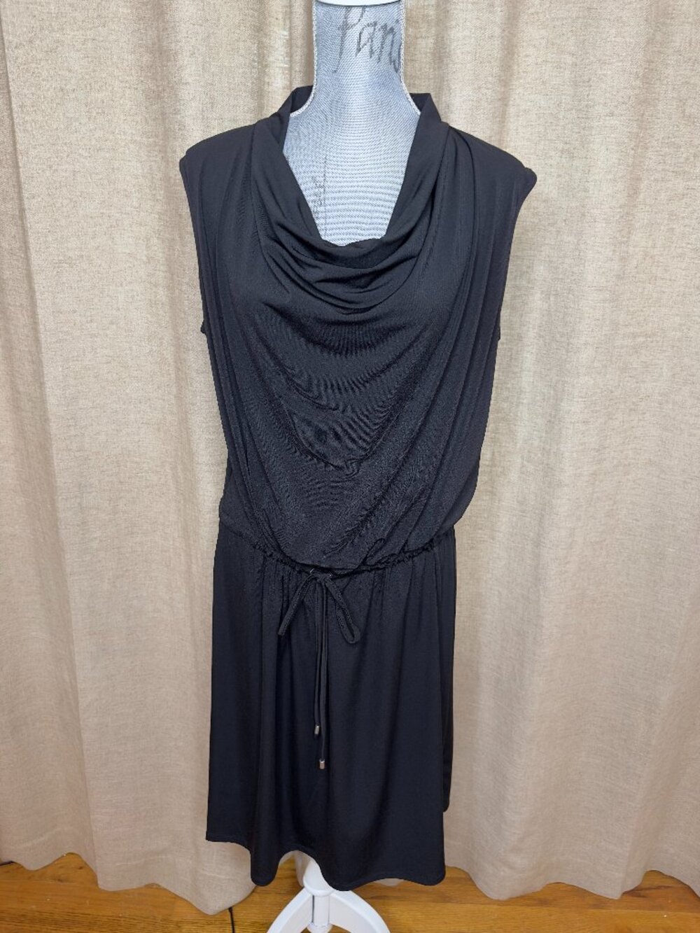 Harvé Benard Black Sleeveless Cowl Neck Drawstring Dress Size L